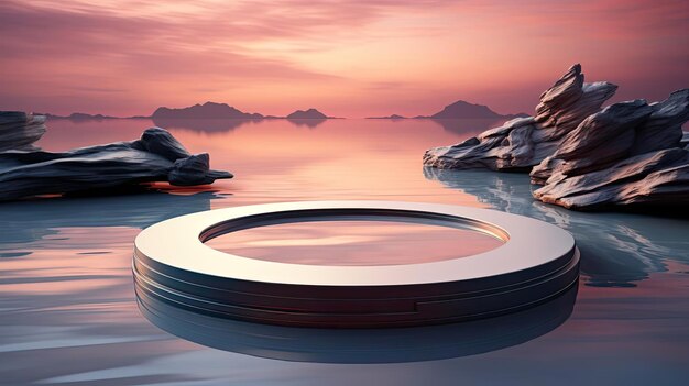 3d circle podium product stand or display with sky and Water background and cinematic light