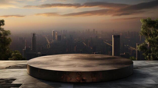 3d circle rock podium product stand or display with sky and city background and cinematic light