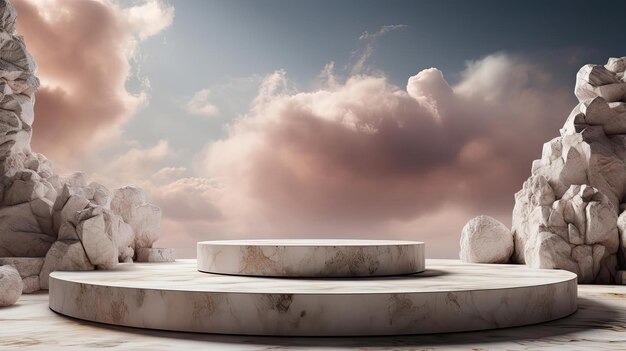 3d circle rock podium product stand or display with sky and cloud background and cinematic light