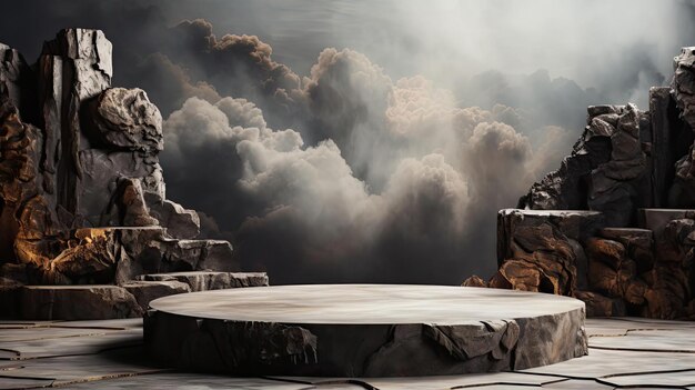 Photo 3d circle rock podium product stand or display with sky and cloud background and cinematic light