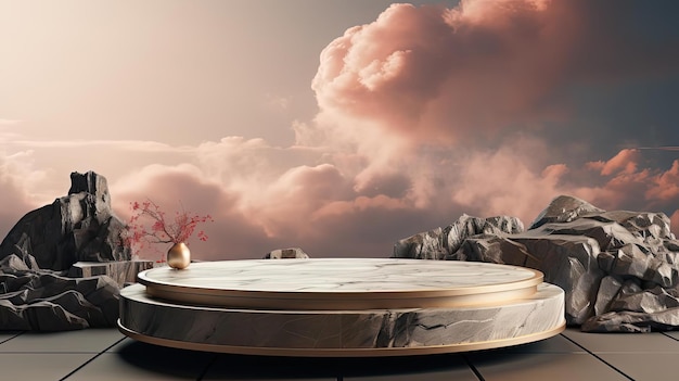 사진 3d 서클 록 포디움 제품 스탠드 또는 하늘과 구름 배경과 영화 빛을 가진 디스플레이