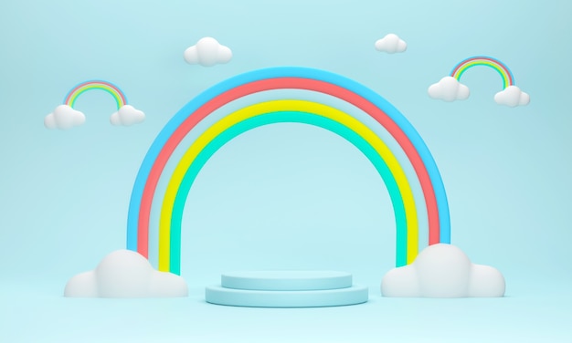 3D. Cirkelpodium, regenboog in de lucht voor het weergeven van schattige producten.