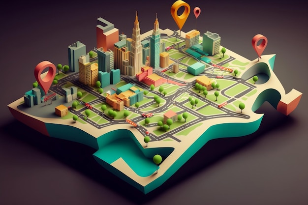 Photo 3d city map with location pointers gps and transportation concept ai