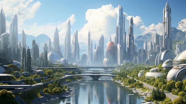 3D cityscape with futuristic skyscrapers and flying vehicles