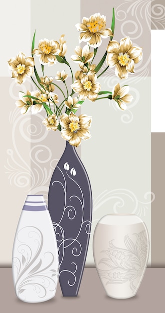 3d classic illustration vases with golden flowers
For canvas wall art