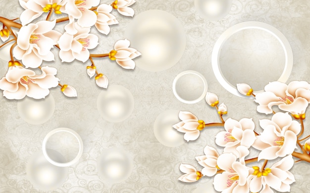 3d classic mural illustration wallpaper background with flowers white circles simple decorativ