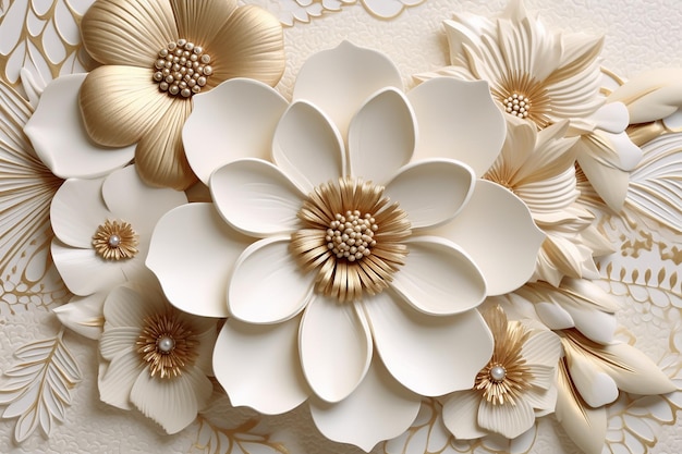 3d classic mural wallpaper white and golden flowers