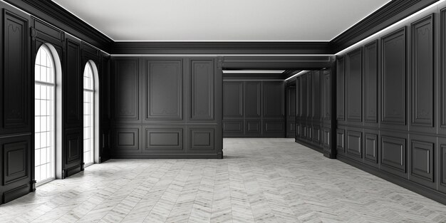 Пустая черная комната в классическом стиле 3D с паркетом и классическими панелями на стенах, большим окном и домашним освещением.