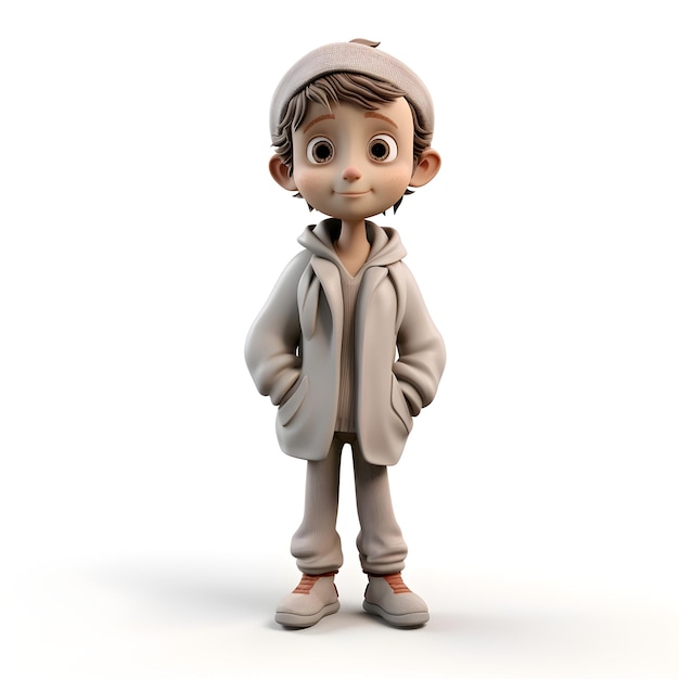 3d clay boy cartoon of spel personage rendering op geïsoleerde witte achtergrond