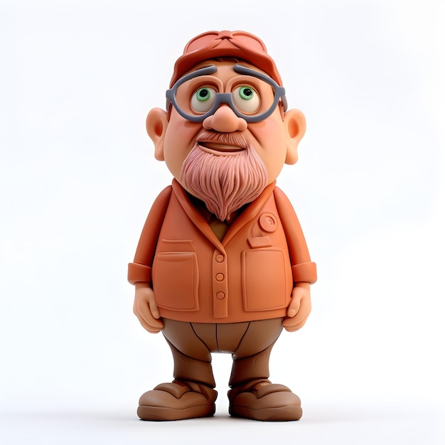 3d clay old man cartoon or game character rendering on isolated white background