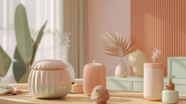 Photo 3d clay render of pastel humidifiers air purifiers and smart hubs in soothing hues