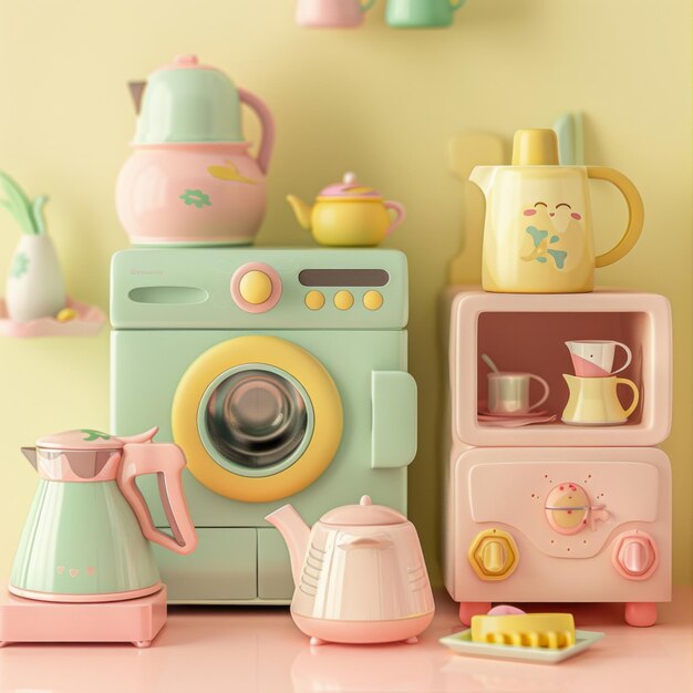 Photo 3d claystyle home appliances including a cute microwave washing machine and coffee machine