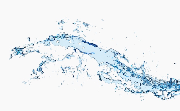 3D прозрачная голубая вода, разбросанная вокруг воды, прозрачный брызг, изолированный на белом фоне.