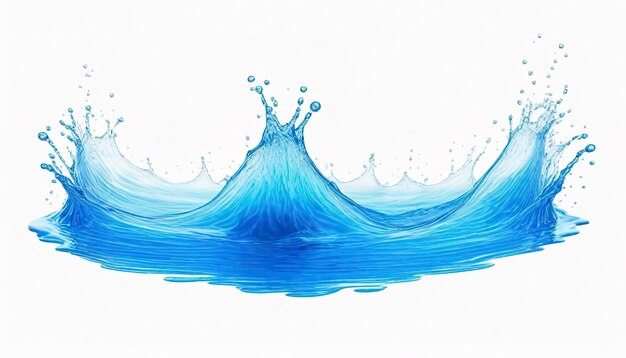 Foto 3d acqua blu limpida sparsa intorno a spruzzi d'acqua trasparente isolata su sfondo bianco