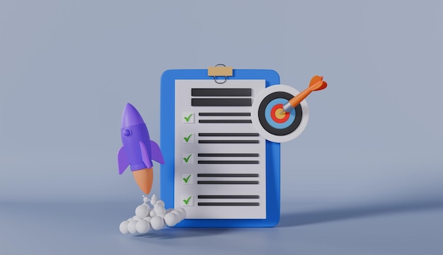 3d clipboard with to do checklist target with rocket for business growth
