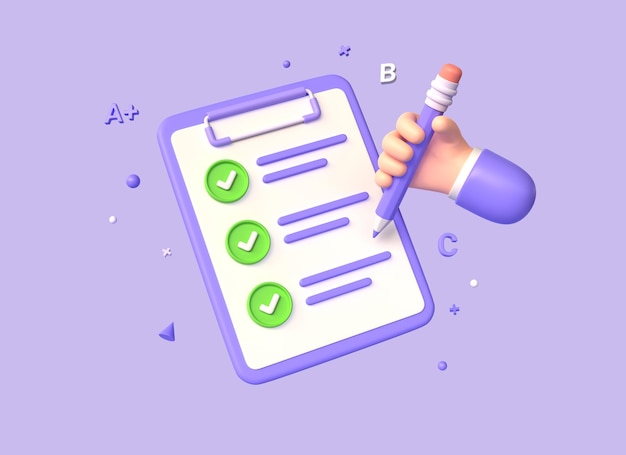 3d clipboard with completed task list pencil and green check mark checklist with answers test or exam concept illustration isolated on purple background 3d rendering