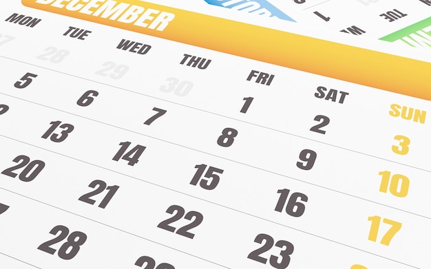 3d Close up of december calendar 