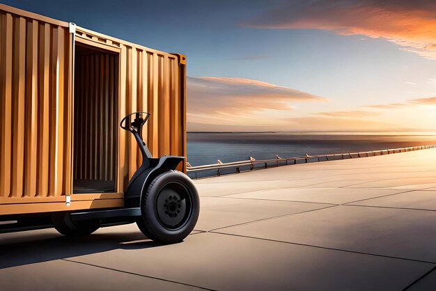 Photo 3d close up forklift lifting container creative