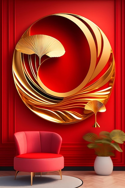 3d close up of luxury shiny gold brass metal wall art of chinese style of ginkgo leaf in circle line