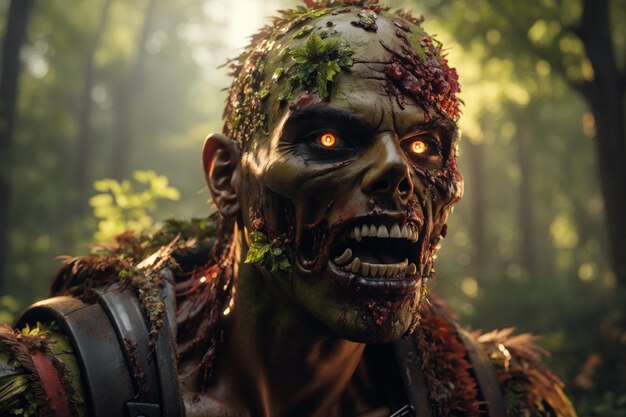 a 3D Close up on zombie in forest