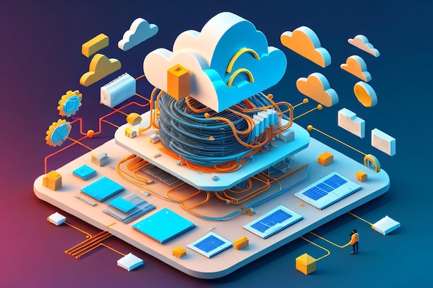 3D Cloud Computing Creatieve illustratie Cloudservices Cloudoplossingen Cyberbeveiliging Ai Mind Netwerkbeheer Modern Datacenter Cloudnetwerken Ai Gegenereerd