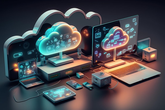 3D Cloud Computing Hosting-technologie met elektronische apparaten