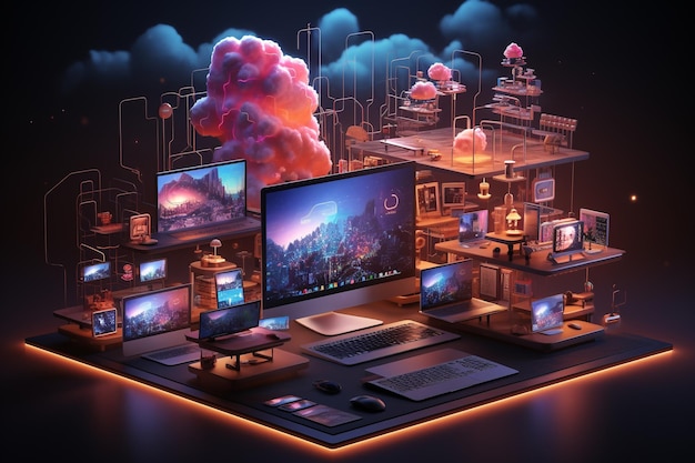 3D Cloud Computing Illustration Hosting Technology with Electronic Devices