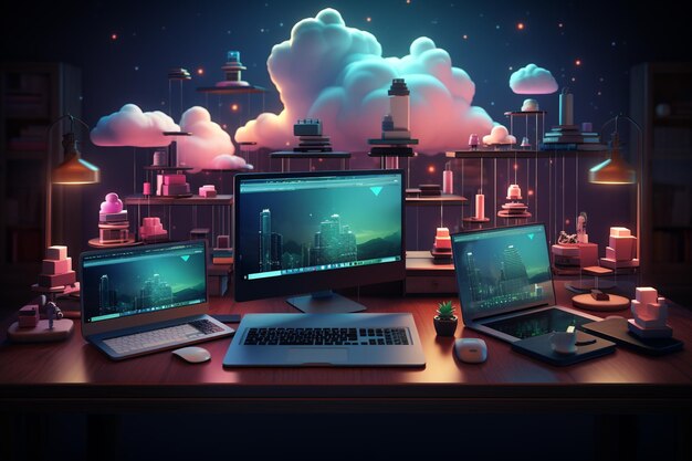 3D Cloud Computing Illustration Hosting Technology with Electronic Devices