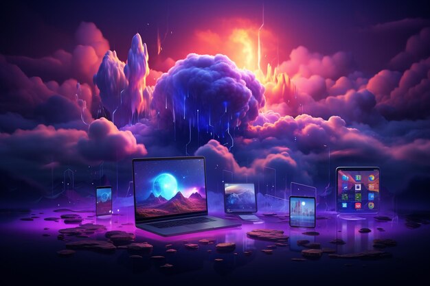 3D Cloud Computing Illustration Hosting Technology with Electronic Devices