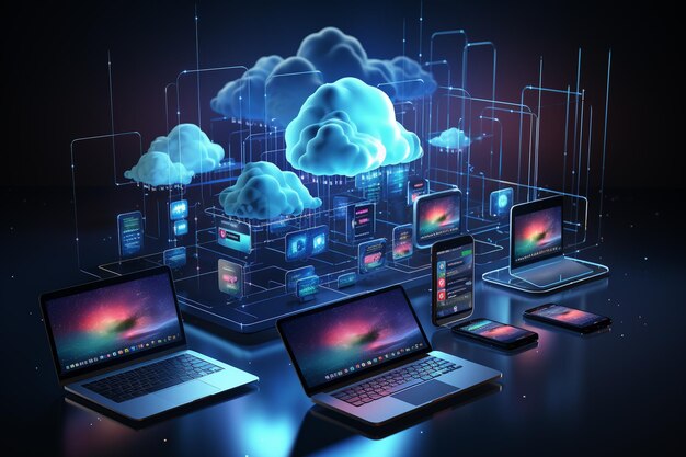 3D Cloud Computing Illustration Hosting Technology with Electronic Devices