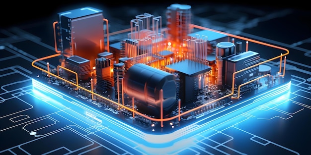 3d cloud computing infrastructure schematic with circuit lines and technical insights concept cloud computing infrastructure schematic 3d visualization circuit lines technical insights