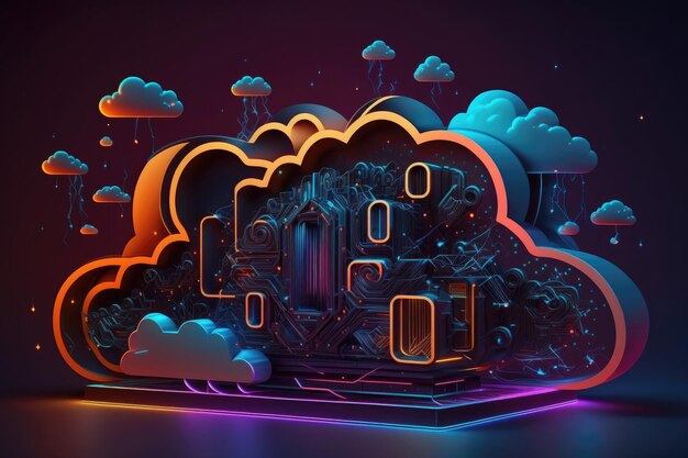 3D cloud computing technology concept Digital illustration neon background