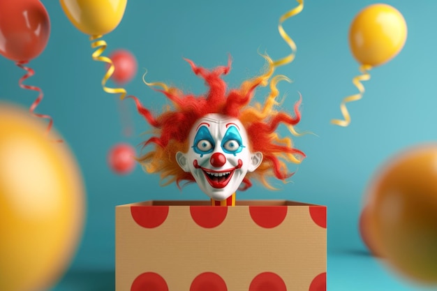 Foto la faccia del clown 3d spunta su una molla da una scatola su uno sfondo colorato