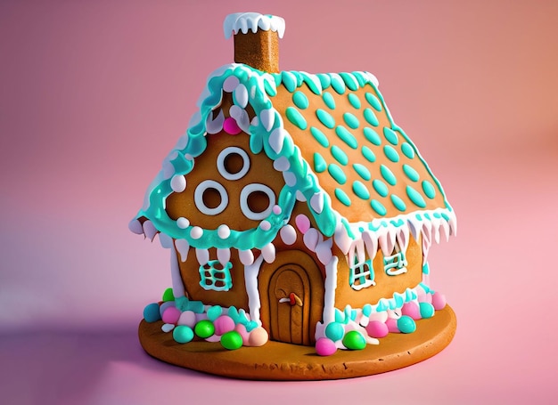 3d cmodel of gingerbread house chimney illustration with pastel backdrop