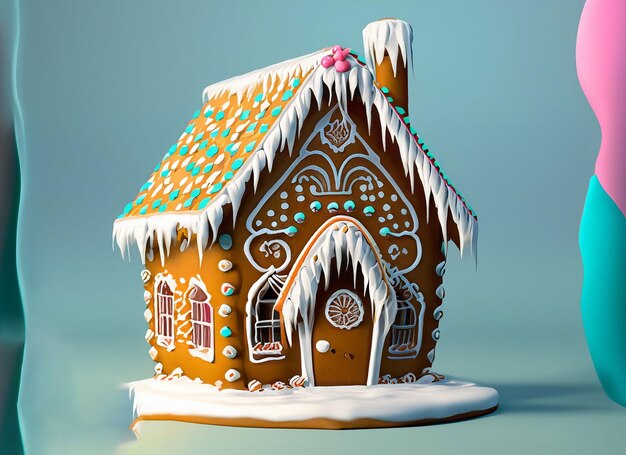 3d cmodel of gingerbread house chimney illustration with pastel backdrop