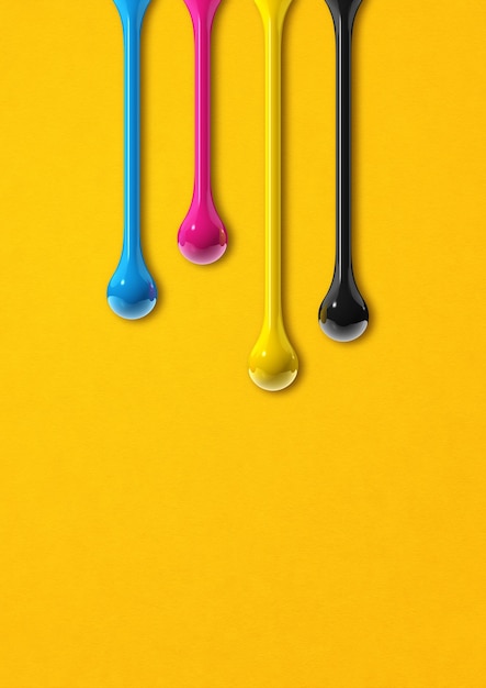 3D cmyk ink drops isolated on yellow paper background. Illustration