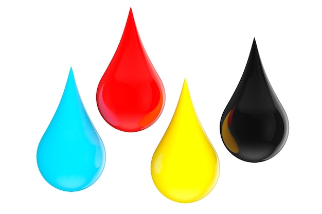 3d CMYK ink drops on a white background