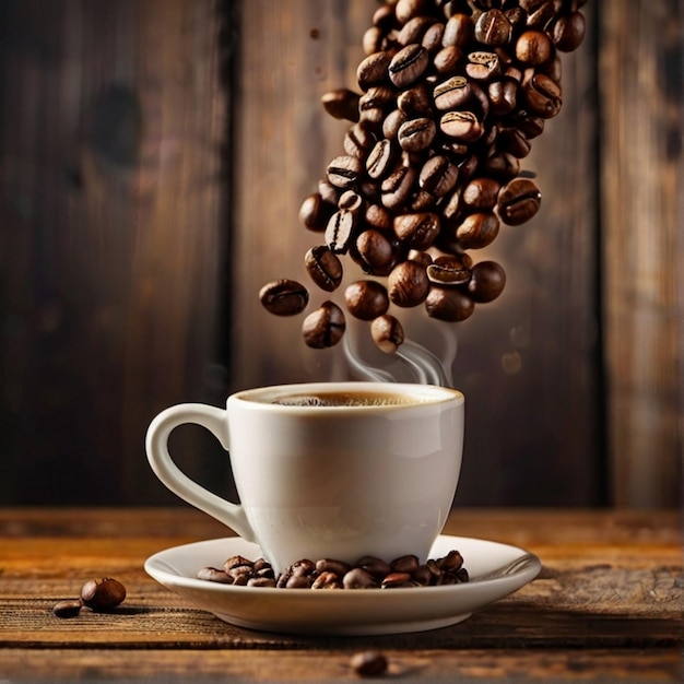 3D 커피 콩이 흐릿한 나무 배경에 커피 과 함께 컵에 떨어집니다.