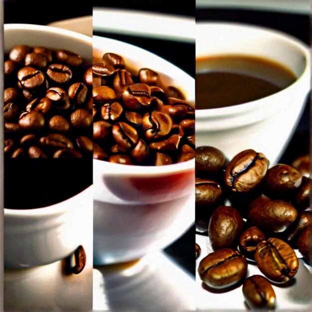 Photo 3d coffee beans falling into a cup with coffee beans on a blur wooden background