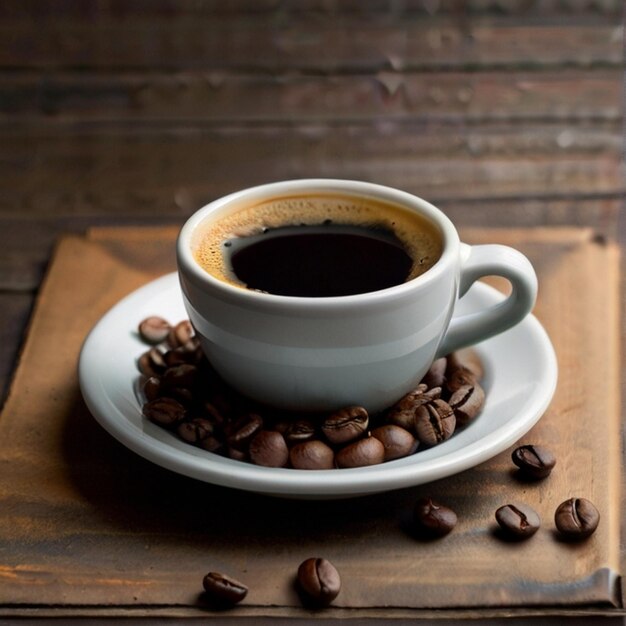 3D Coffee beans falling into a cup with coffee beans on a blur wooden background