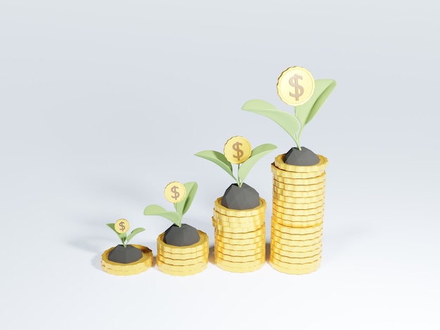 Photo 3d coin stacks with growing money tree