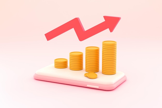 3D. Coins, graph on a mobile phone concept of financial management