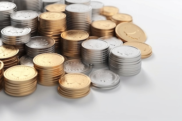 3D coins stacks growth investment on white background