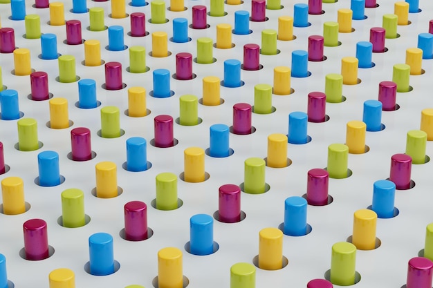 3d colored cylinders stick out of holes. Background for design. colored cylinders