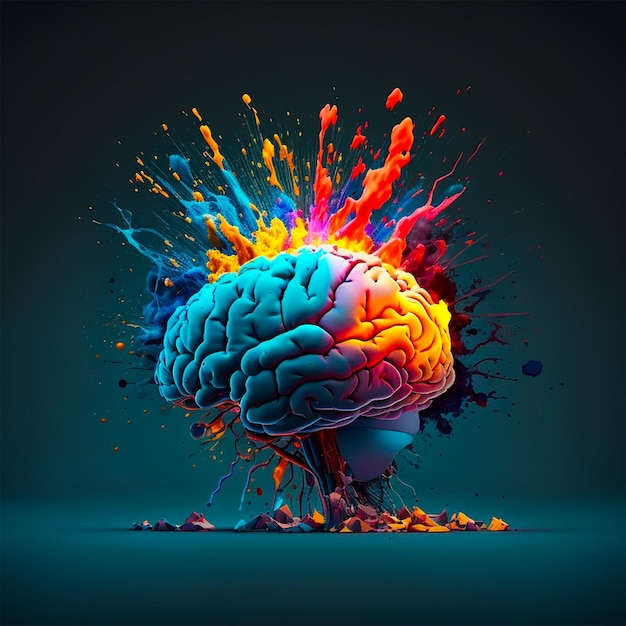 3d colorful brain exploding color with unleashed mind and knowledge dark background