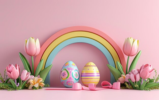 3D Colorful Easter Setup with Rainbow