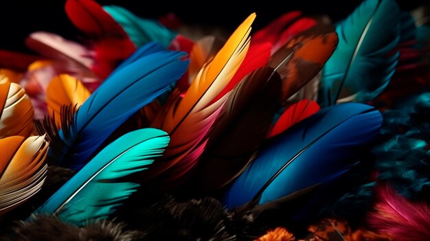 Photo 3d colorful feathers for carnival composition generative ai