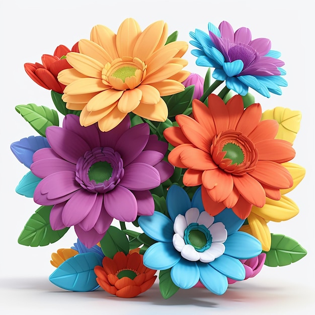 3D colorful flowers are a bunch of multicolor flowers Bright white background