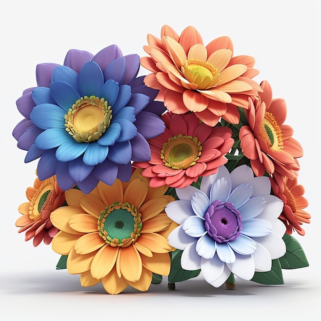 3D colorful flowers are a bunch of multicolor flowers Bright white background
