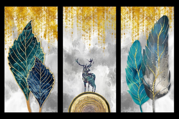 3d colorful illustration of feathers deer and leaves in a light background minimalist hand painted